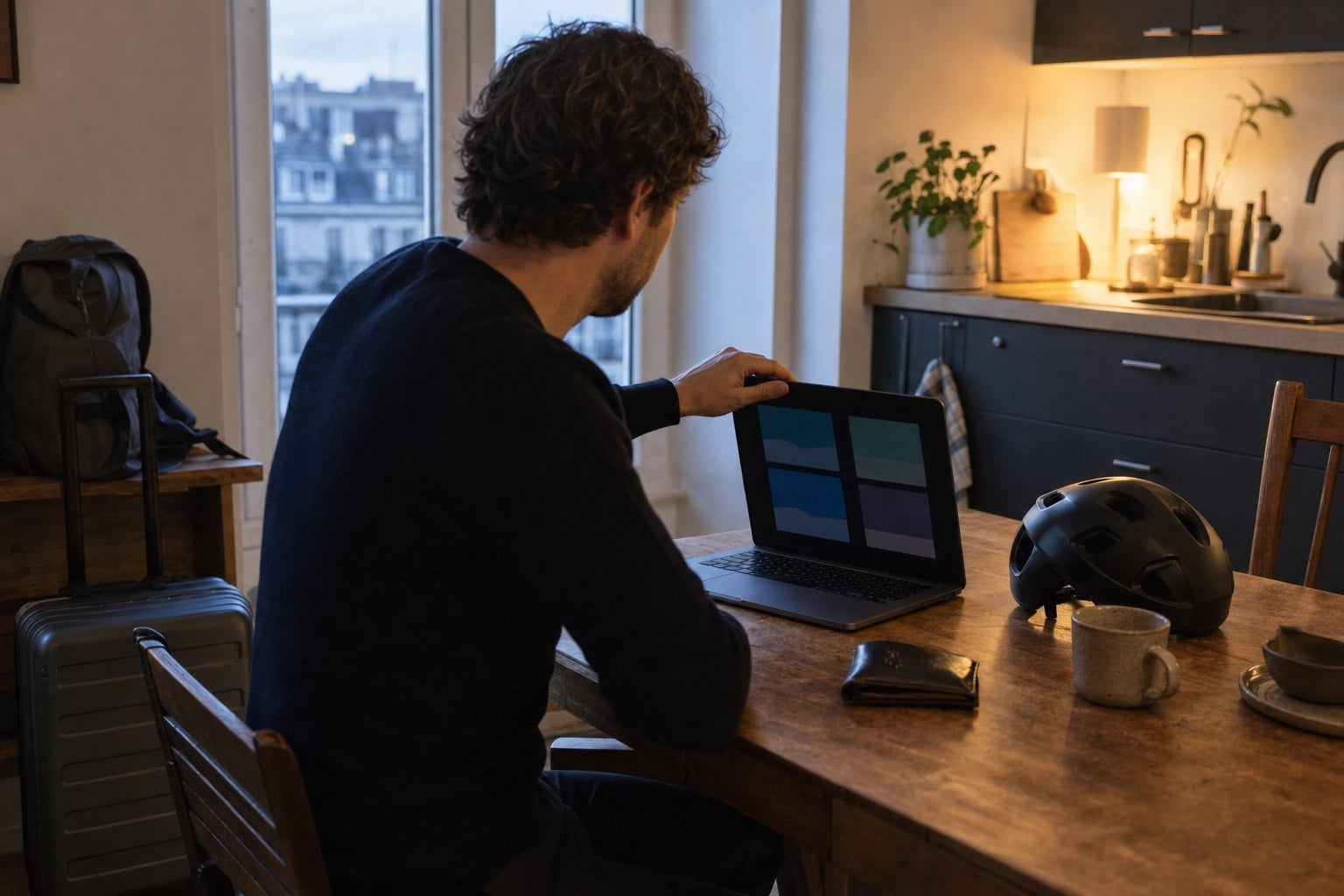 A person closing a laptop after comparing multiple tracker subscriptions